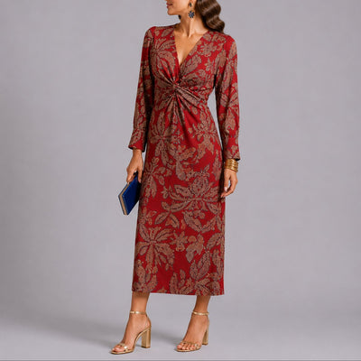 Sophie | Dames boho midijurk met V-hals, twistdetail en bloemdessin