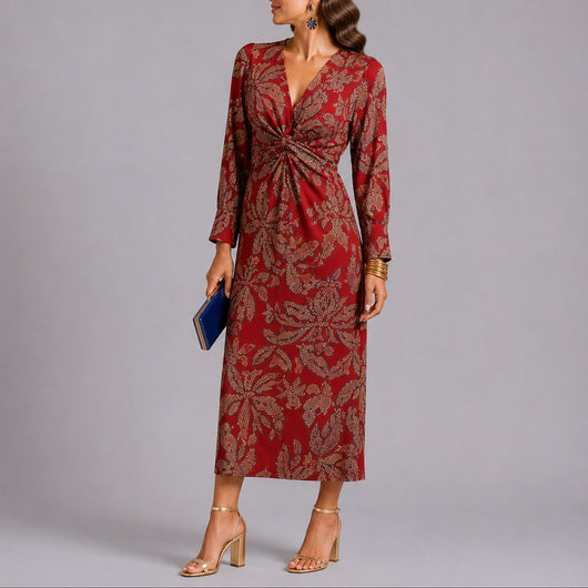 Sophie | Dames boho midijurk met V-hals, twistdetail en bloemdessin