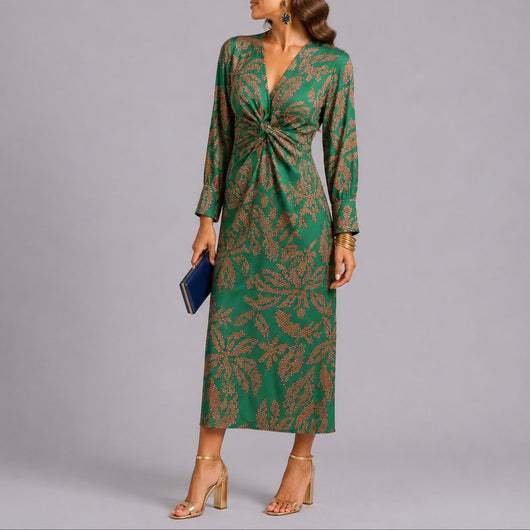 Sophie | Dames boho midijurk met V-hals, twistdetail en bloemdessin