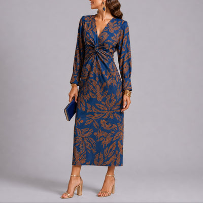 Sophie | Dames boho midijurk met V-hals, twistdetail en bloemdessin