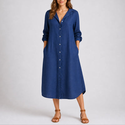 Charlotte | Dames midi blousejurk met lange mouwen en knoopsluiting