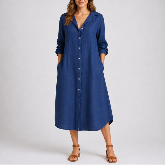 Charlotte | Dames midi blousejurk met lange mouwen en knoopsluiting