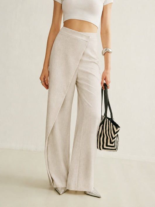 Johanna | Dames high waist broek met wijde pijpen en asymmetrisch wikkelfront