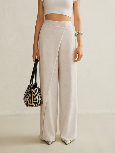 Johanna | Dames high waist broek met wijde pijpen en asymmetrisch wikkelfront