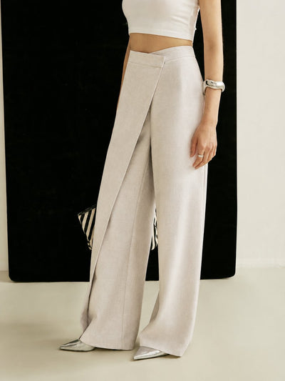 Johanna | Dames high waist broek met wijde pijpen en asymmetrisch wikkelfront