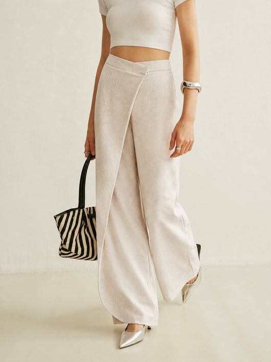 Johanna | Dames high waist broek met wijde pijpen en asymmetrisch wikkelfront