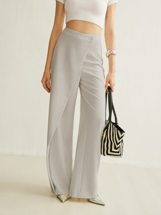 Johanna | Dames high waist broek met wijde pijpen en asymmetrisch wikkelfront
