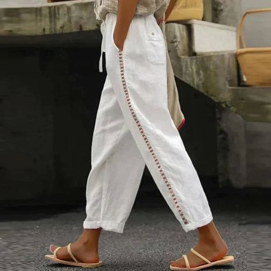 Mia | Dames linnen broek met hoge taille en knopen opzij