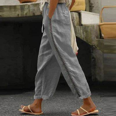 Mia | Dames linnen broek met hoge taille en knopen opzij