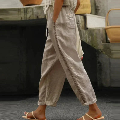 Mia | Dames linnen broek met hoge taille en knopen opzij