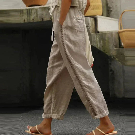 Mia | Dames linnen broek met hoge taille en knopen opzij
