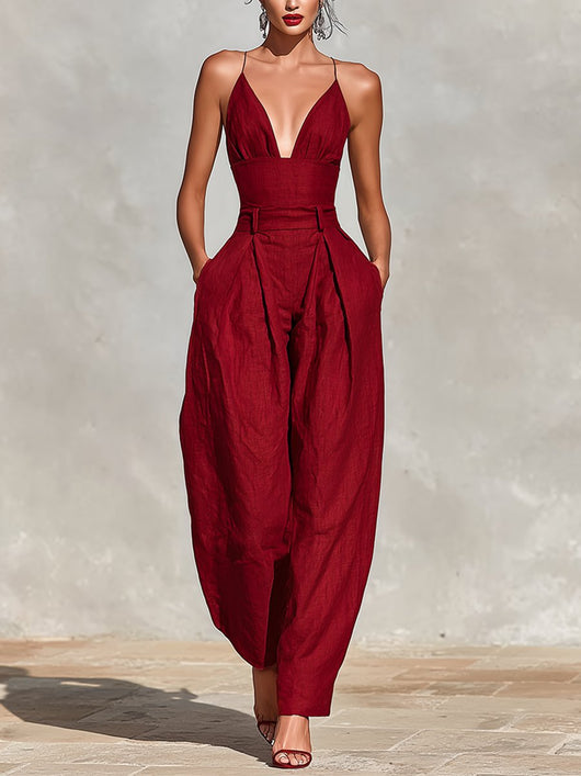 Clara | Dames linnen jumpsuit met hoge taille, wijde pijpen en spaghettibandjes