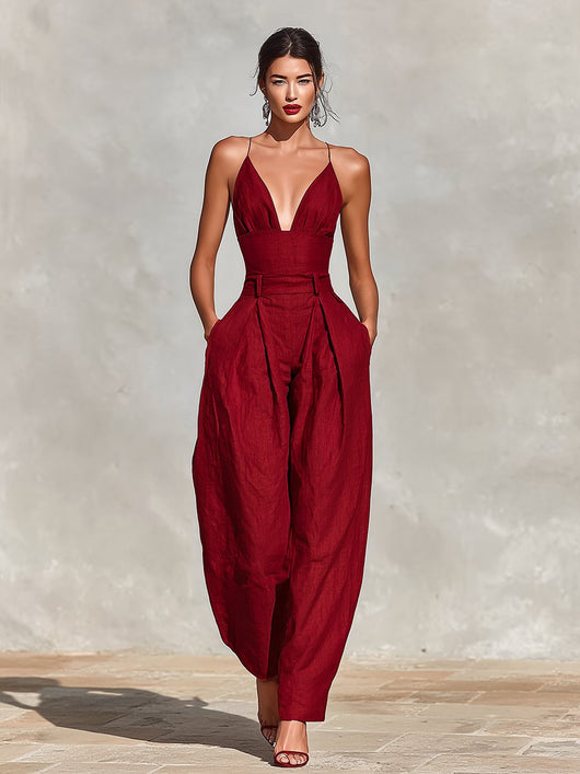 Clara | Dames linnen jumpsuit met hoge taille, wijde pijpen en spaghettibandjes
