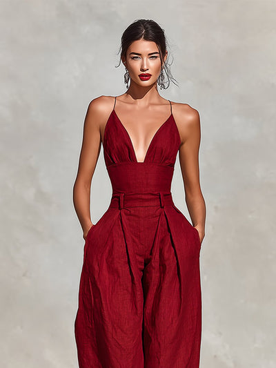 Clara | Dames linnen jumpsuit met hoge taille, wijde pijpen en spaghettibandjes