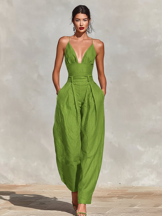 Clara | Dames linnen jumpsuit met hoge taille, wijde pijpen en spaghettibandjes
