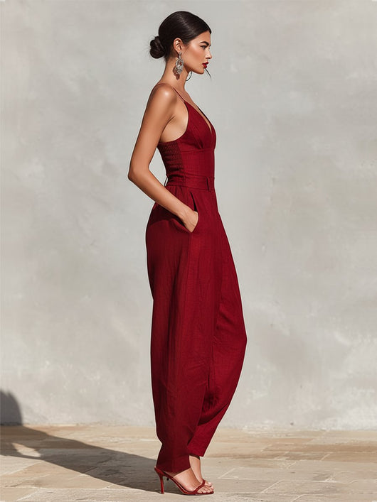 Clara | Dames linnen jumpsuit met hoge taille, wijde pijpen en spaghettibandjes
