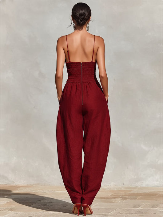 Clara | Dames linnen jumpsuit met hoge taille, wijde pijpen en spaghettibandjes