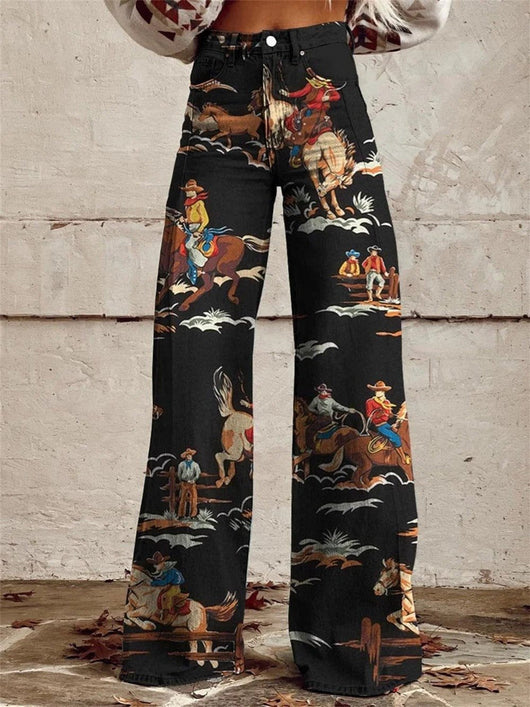 Marie | Dames wijde denim broek met hoge taille en westernprint
