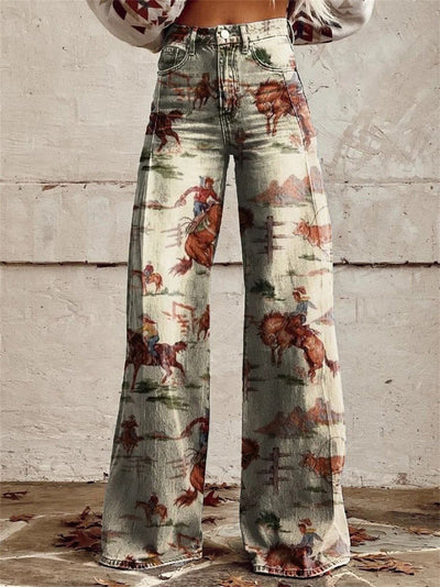 Marie | Dames wijde denim broek met hoge taille en westernprint