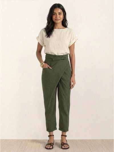 Nora | Dames cropped wikkelbroek met hoge taille, taps toelopende pijp en strikband