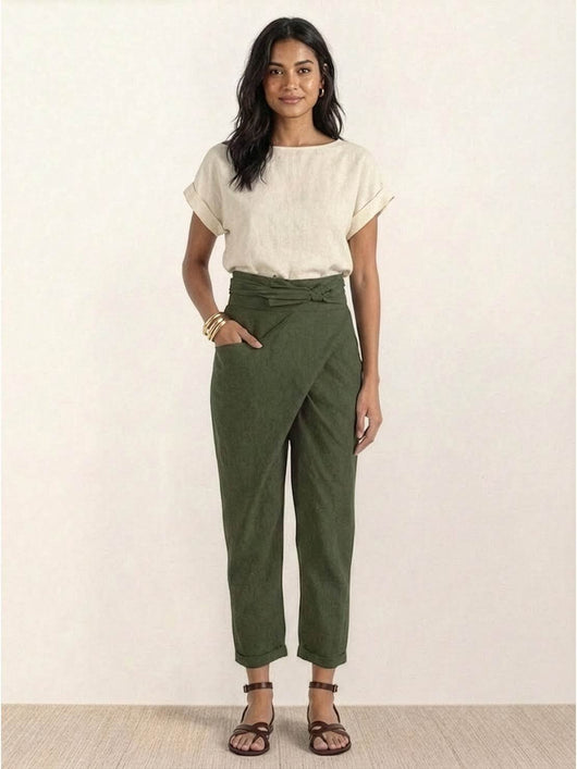 Nora | Dames cropped wikkelbroek met hoge taille, taps toelopende pijp en strikband