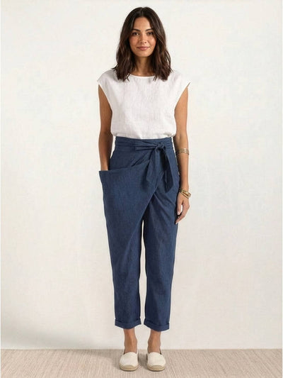 Nora | Dames cropped wikkelbroek met hoge taille, taps toelopende pijp en strikband