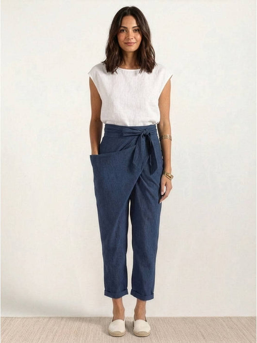 Nora | Dames cropped wikkelbroek met hoge taille, taps toelopende pijp en strikband