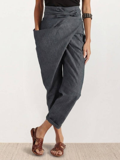 Nora | Dames cropped wikkelbroek met hoge taille, taps toelopende pijp en strikband