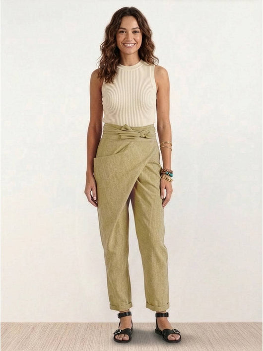 Nora | Dames cropped wikkelbroek met hoge taille, taps toelopende pijp en strikband