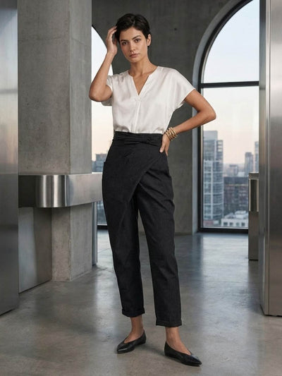 Nora | Dames cropped wikkelbroek met hoge taille, taps toelopende pijp en strikband