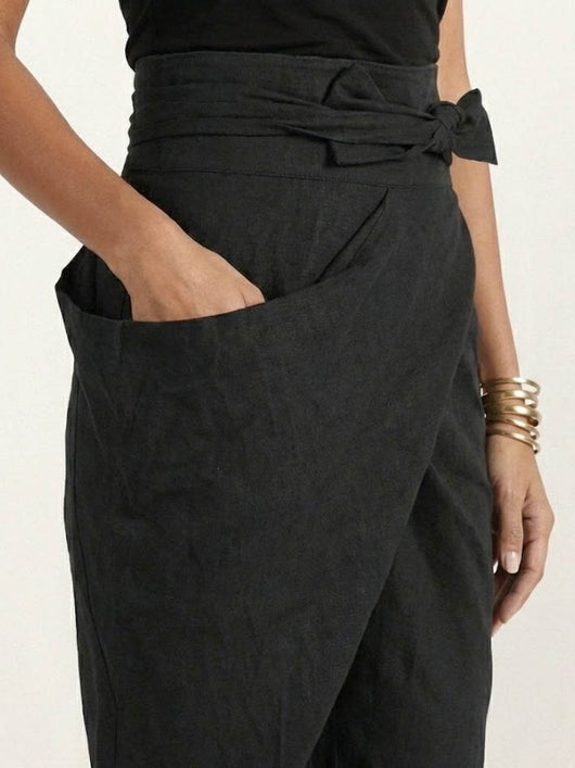 Nora | Dames cropped wikkelbroek met hoge taille, taps toelopende pijp en strikband