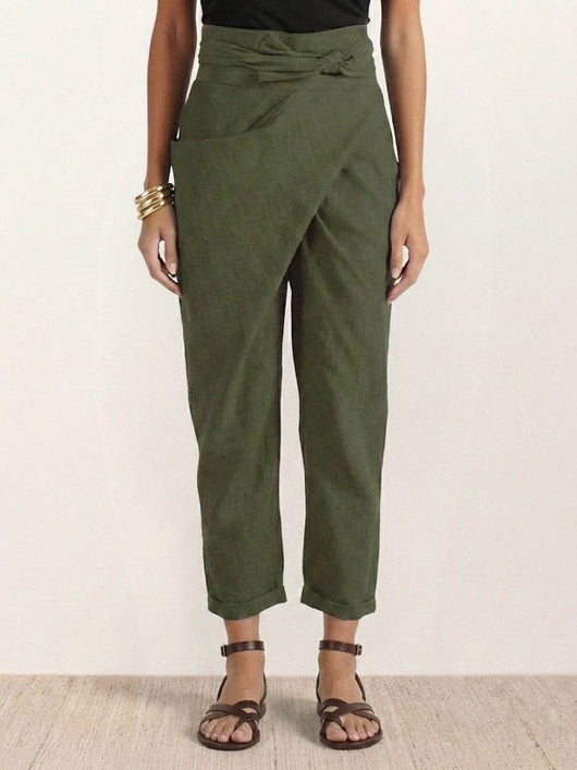 Nora | Dames cropped wikkelbroek met hoge taille, taps toelopende pijp en strikband