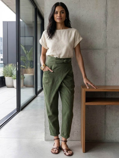 Nora | Dames cropped wikkelbroek met hoge taille, taps toelopende pijp en strikband