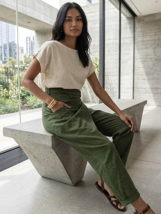 Nora | Dames cropped wikkelbroek met hoge taille, taps toelopende pijp en strikband