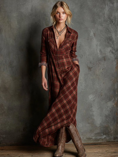 Emilia | Geruite dames maxi blousejurk van flanel