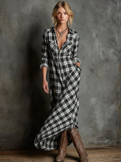 Emilia | Geruite dames maxi blousejurk van flanel