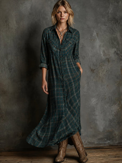 Emilia | Geruite dames maxi blousejurk van flanel