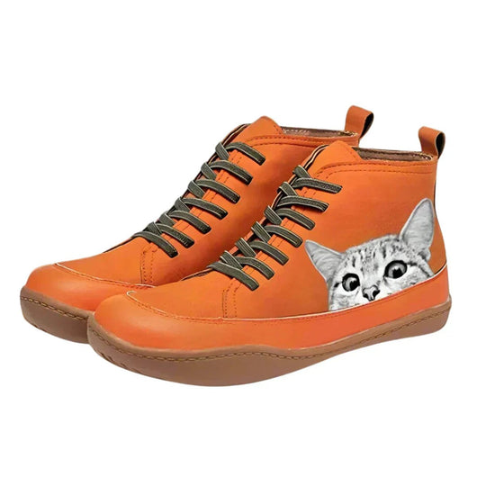 Nora | Dames veterlaarsjes van imitatieleer met kattenmotief