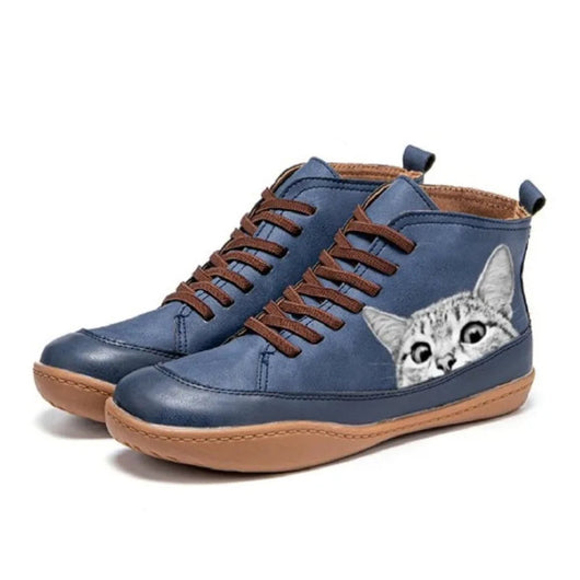 Nora | Dames veterlaarsjes van imitatieleer met kattenmotief