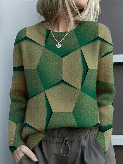 Hannah | Dames gebreide trui met geometrisch 3D-patroon en ronde hals