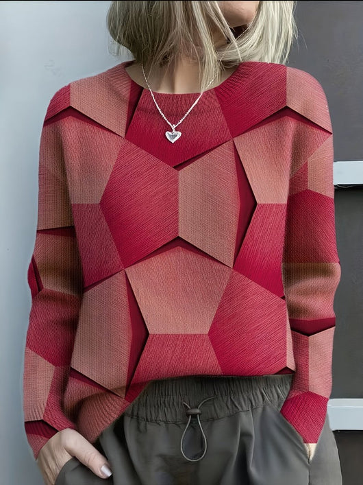 Hannah | Dames gebreide trui met geometrisch 3D-patroon en ronde hals