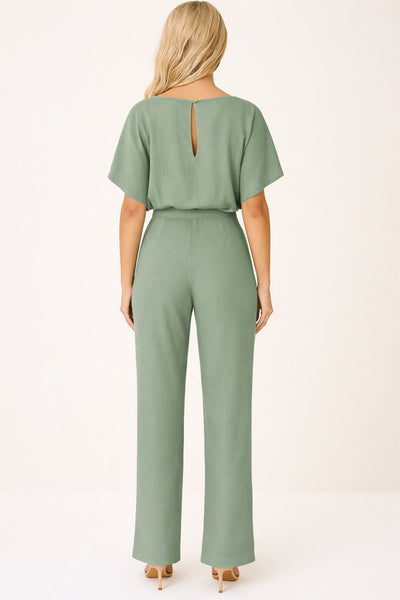 Greta | Mouwloze dames jumpsuit met strikband en wijde pijpen