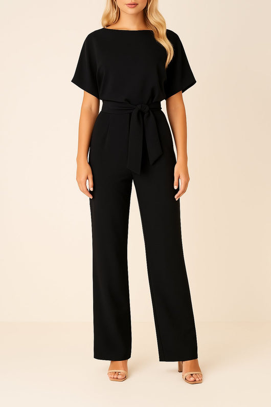 Greta | Mouwloze dames jumpsuit met strikband en wijde pijpen
