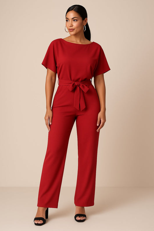 Greta | Mouwloze dames jumpsuit met strikband en wijde pijpen