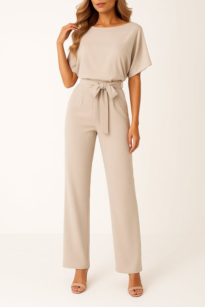 Greta | Mouwloze dames jumpsuit met strikband en wijde pijpen