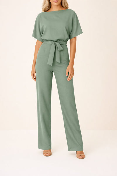 Greta | Mouwloze dames jumpsuit met strikband en wijde pijpen