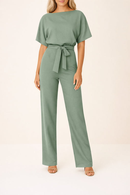 Greta | Mouwloze dames jumpsuit met strikband en wijde pijpen