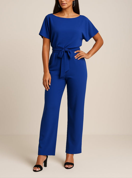 Greta | Mouwloze dames jumpsuit met strikband en wijde pijpen