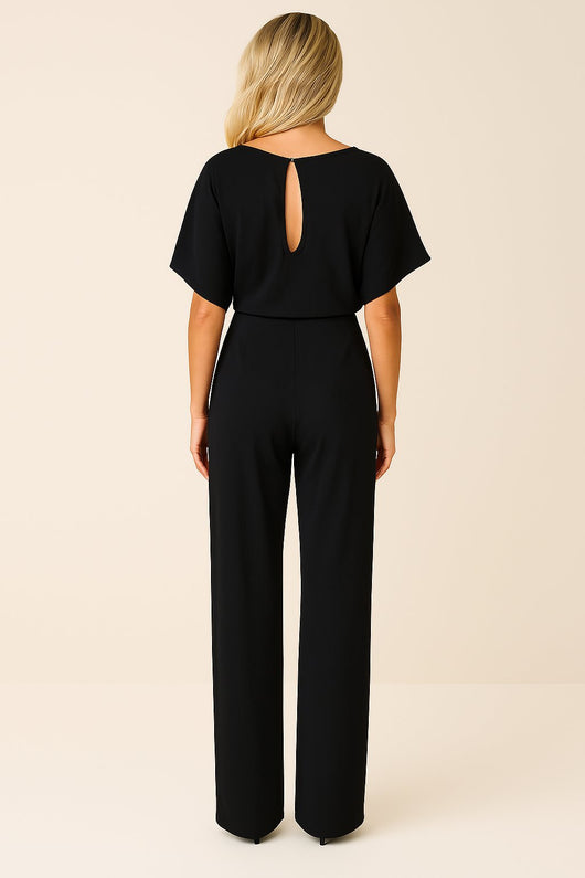 Greta | Mouwloze dames jumpsuit met strikband en wijde pijpen