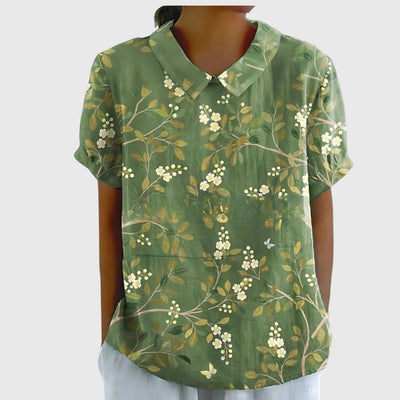 Katharina | Dames linnen blouse met korte mouwen, bloemenprint en bubikraag